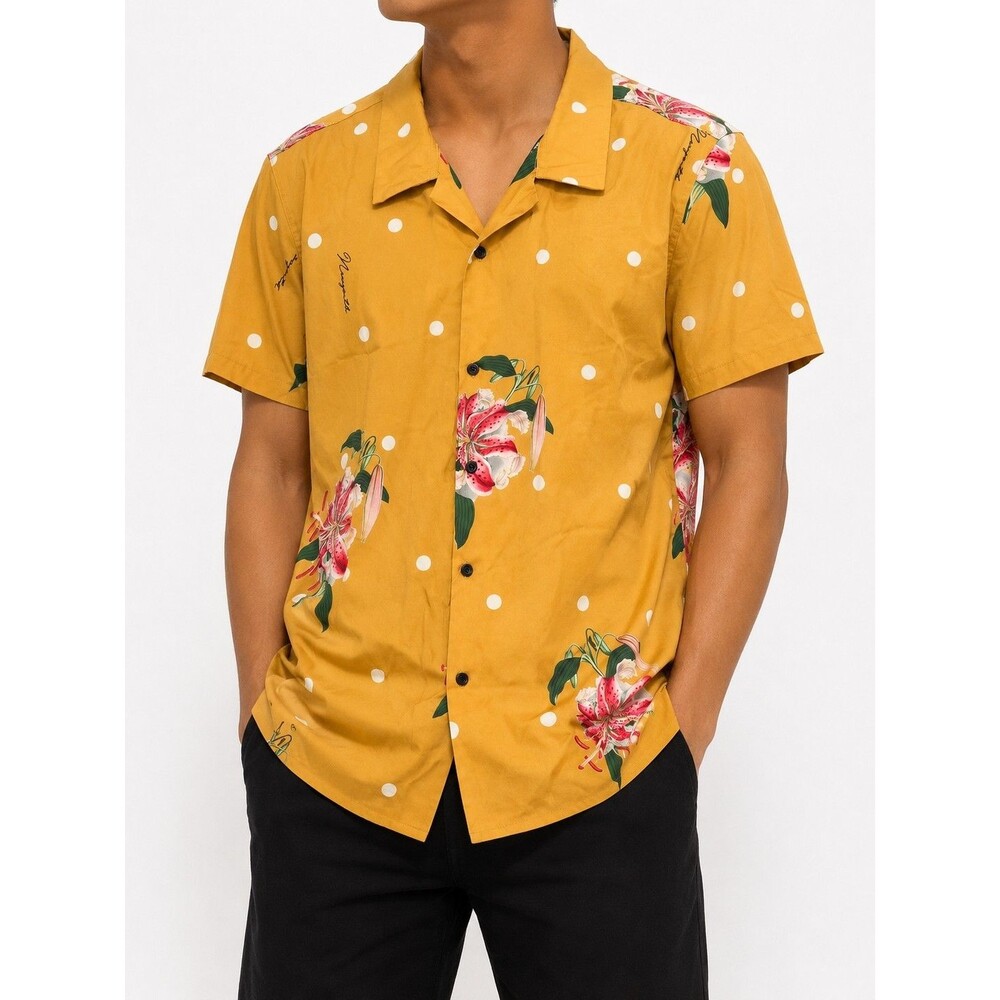 PacSun Men's Yellow Multicolor Floral Tropical Short Sleeve Button-Up Shirt M